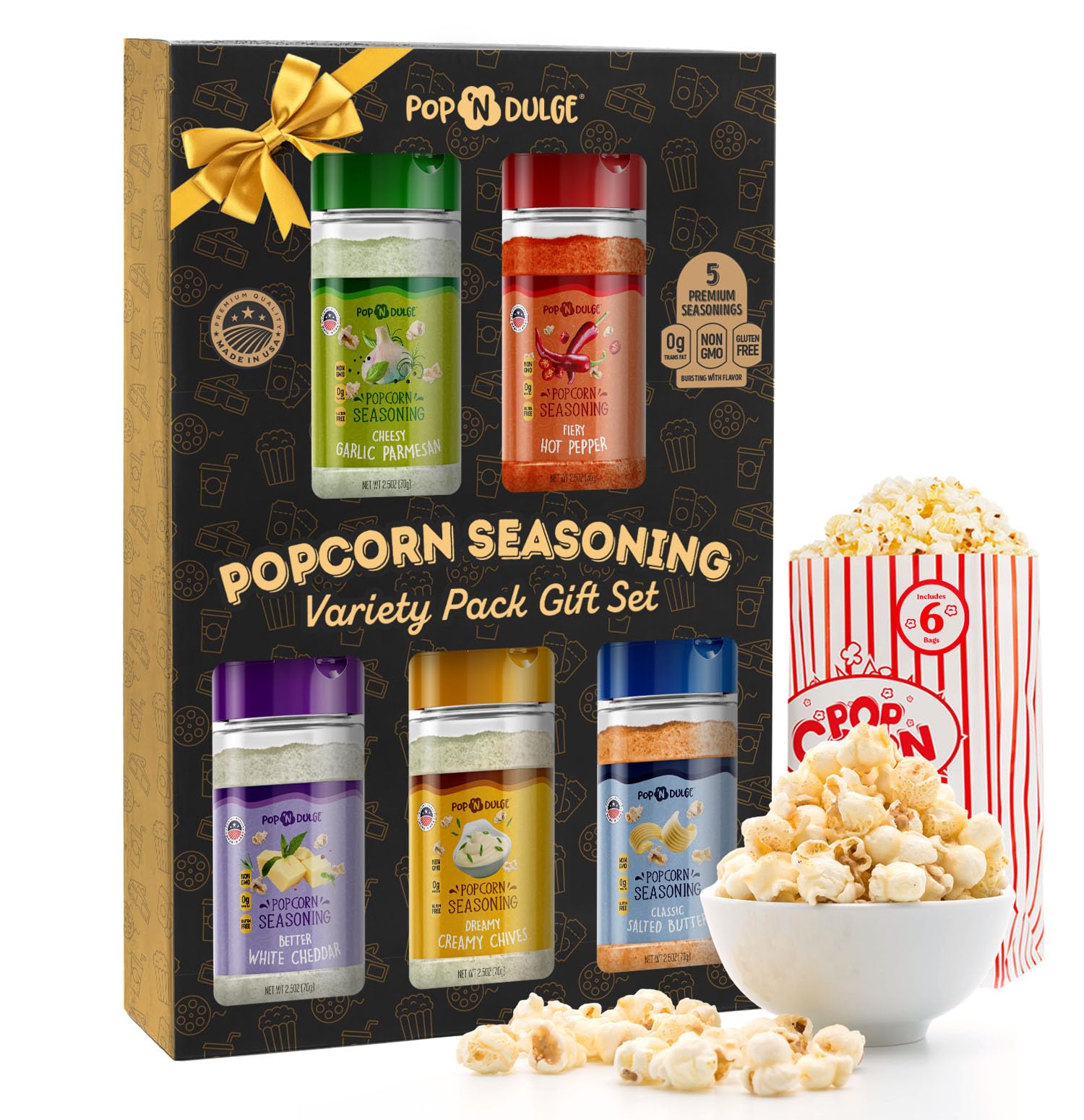 Popcorn Seasoning Popcorn Flavoring Variety Pack Gifts Set of 5 Popcorn Salt 2.5 OZ Shakers, Non-GMO Toppings, Movie Night Supplies Gift Basket, Popcorn Gift Set, Gift Ideas